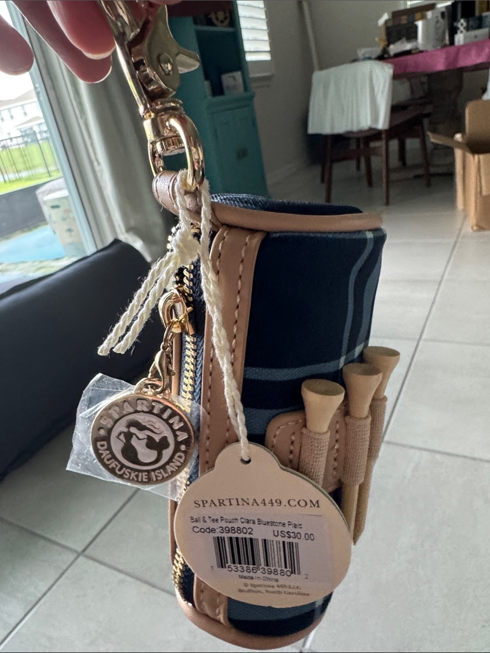 Spartina 449 Navy & Tan Golf Tee Pouch Keyholder Clara Bluestone Plaid NWT